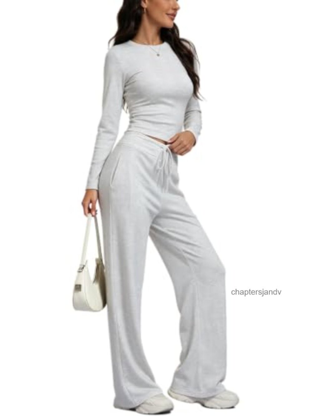 2 Piece Lounge Set Long Sleeve Top Wide Leg Pants Pockets Womens